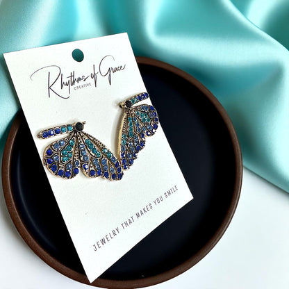 Sparkling Blue Rhinestone Butterfly Wing Earrings – Oversized Glam!