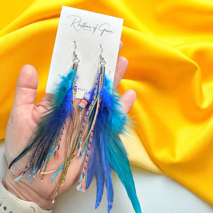 Colorful Boho Chic Feather & Beaded Tassel Dangle Earrings – Two Gorgeous Color Combos!