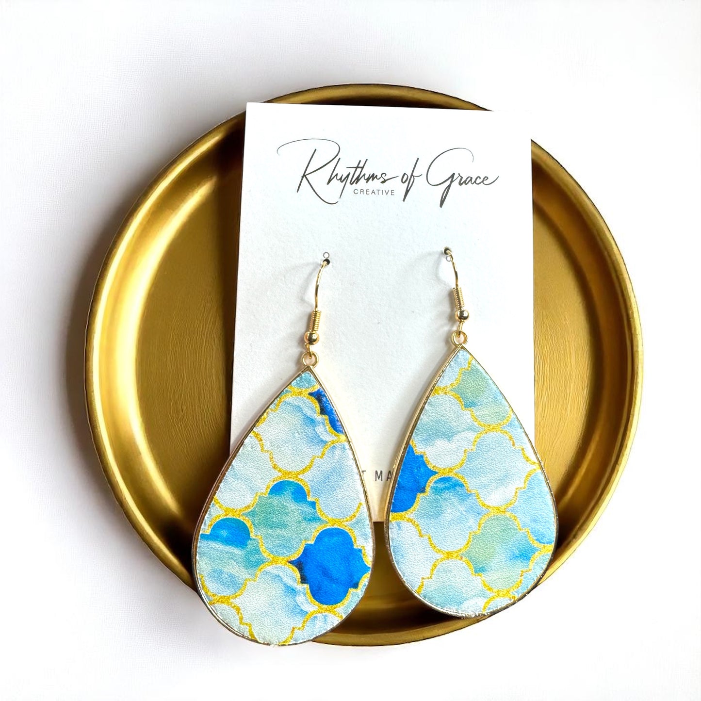Beach Bliss: Blue, Gold & White Teardrop Dangle Earrings for Stylish Days!