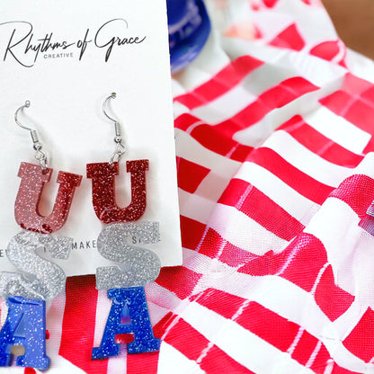 Sparkling USA Glitter Acrylic Dangle Earrings - Patriotic Statement Jewelry