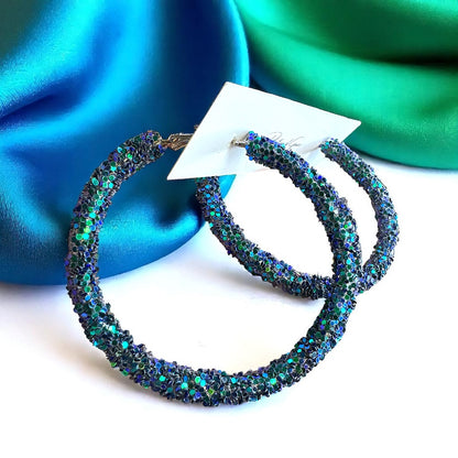 Shimmering Elegance: Blue and Green Glitter Hoops