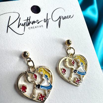 Enchanting Alice in Wonderland Mismatched Dangle Earrings | Whimsical Style & Unique Charm