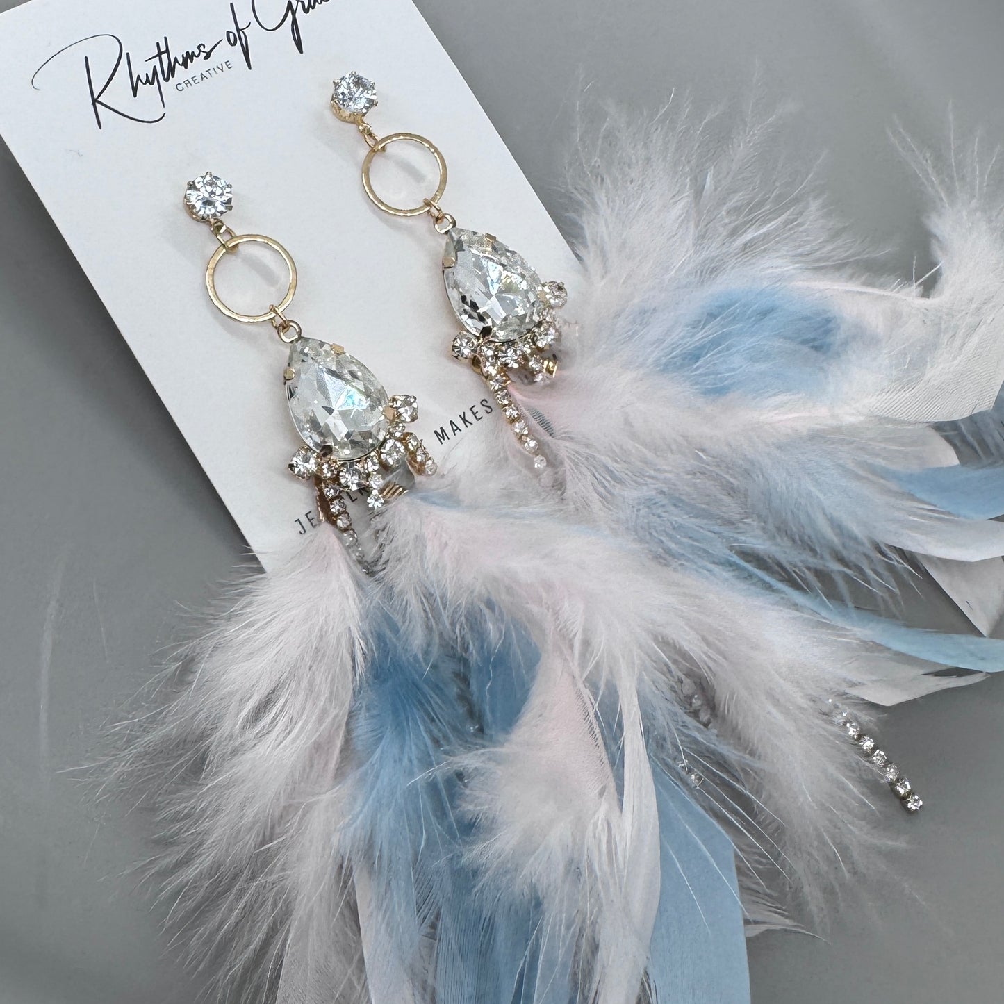 Dreamy Pink & Blue Feather Earrings – Rhinestone Dangles for Boho Queens