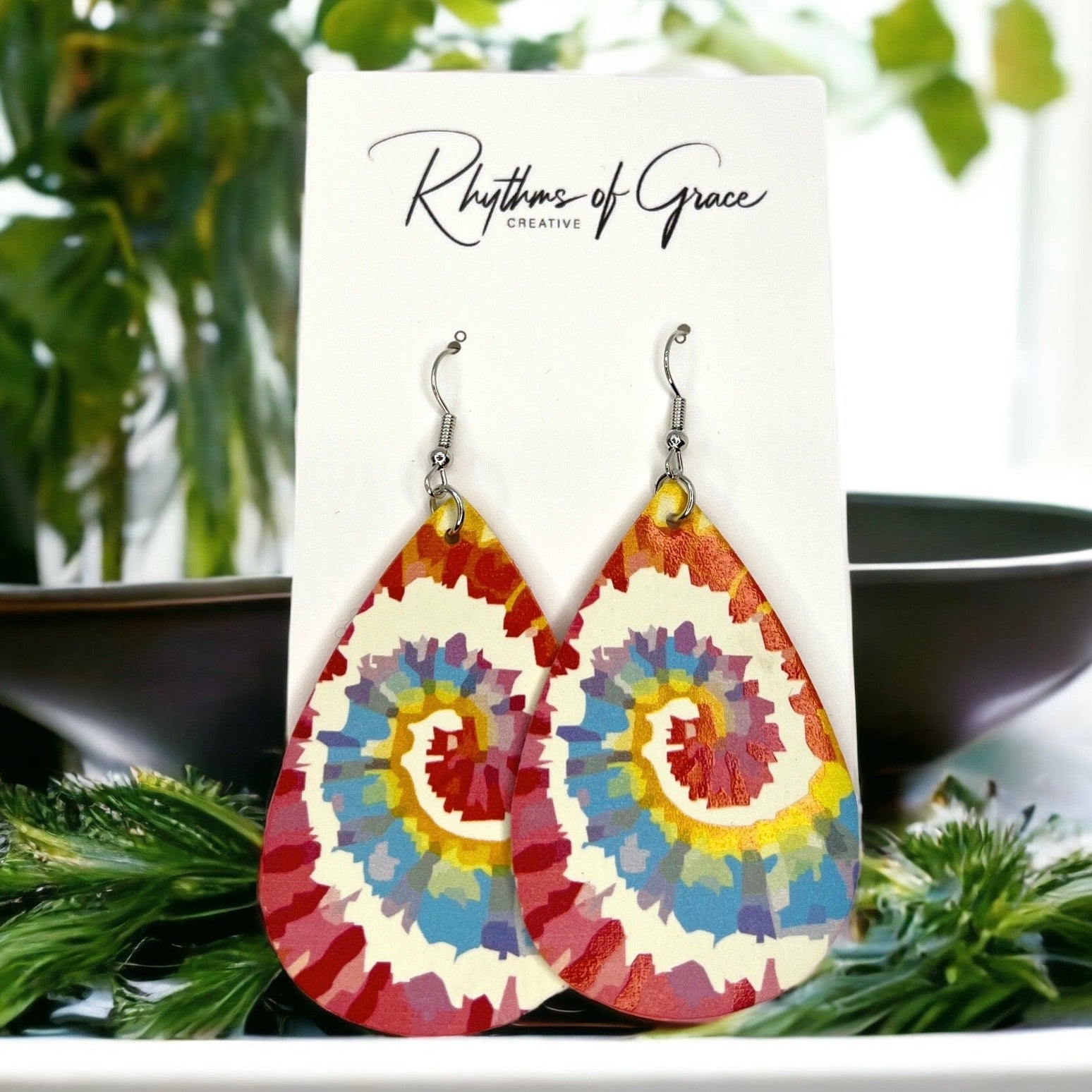Vibrant Tie Dyed Teardrop Dangle Earrings: Boho Chic Rainbow Style! - Rhythms of Grace Creative