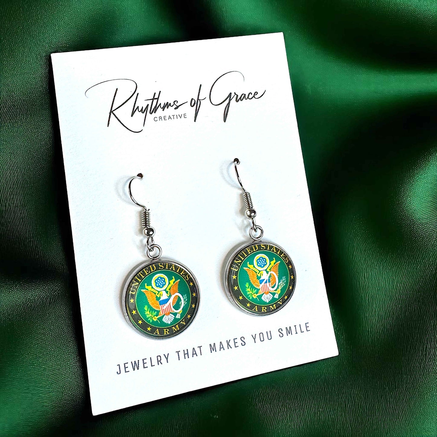Military Mom Marvels: Army Cabochon Dangle Earrings!