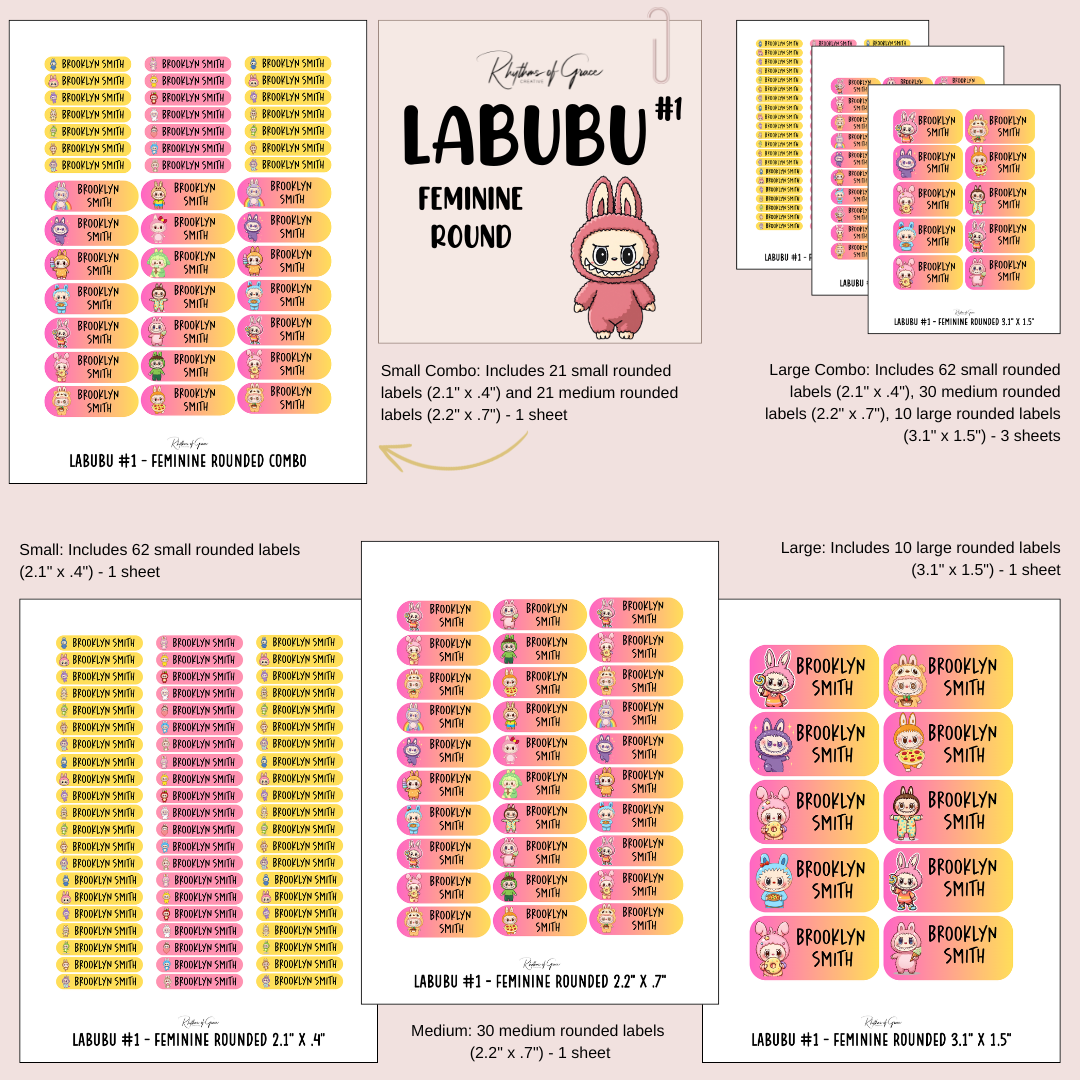 Labubu labels with different sizes and designs on a pink background