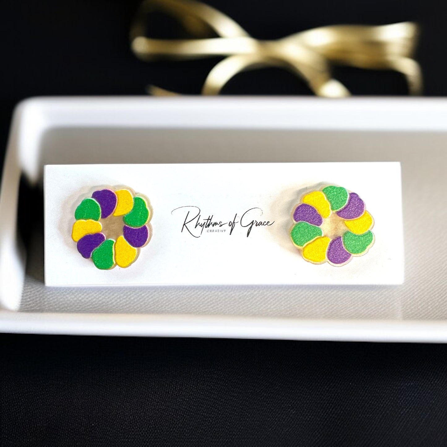 Celebrate in Style: Colorful Mardi Gras Stud Earrings - Fleur de Lis & Kingcake Designs!