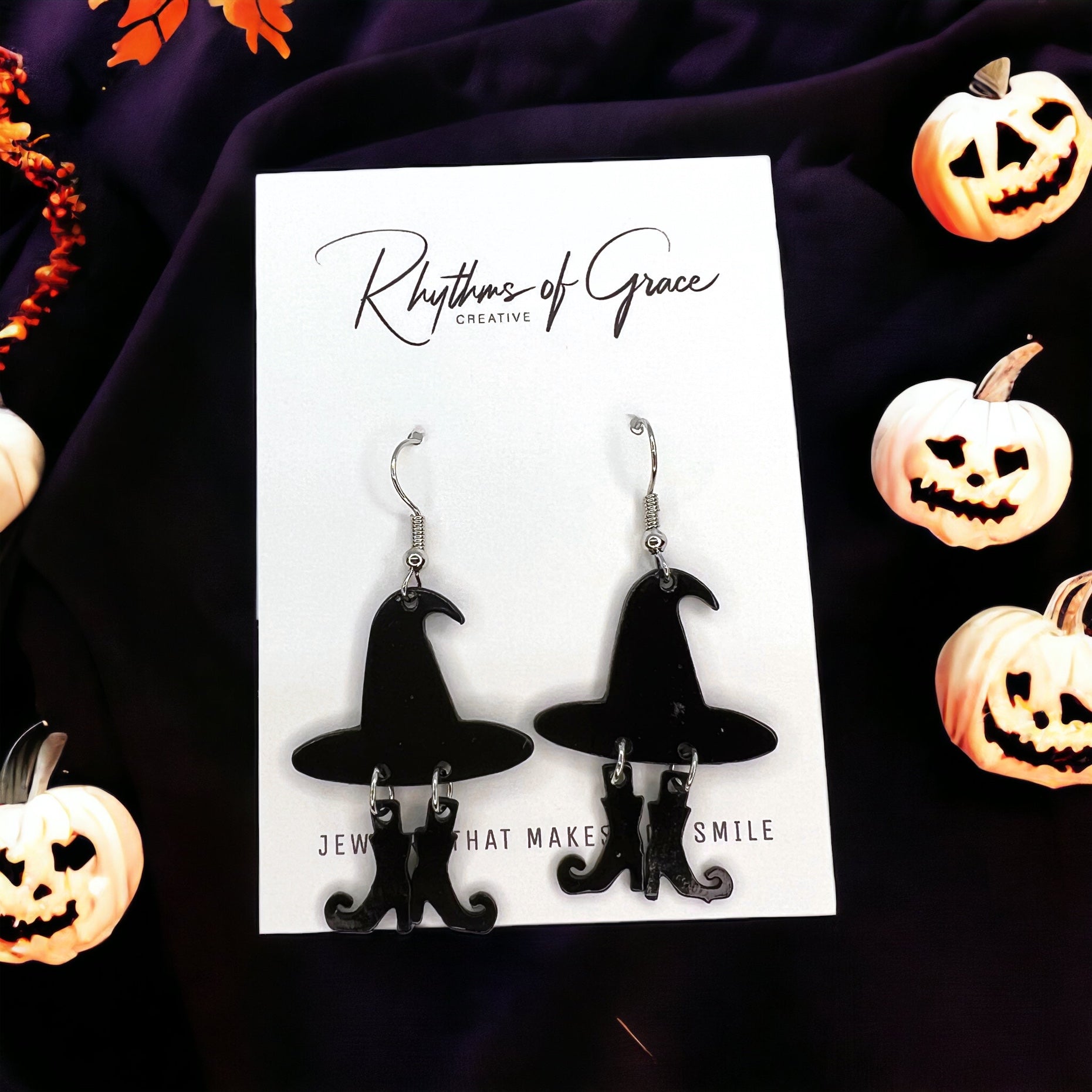 Witch Earrings - Halloween Earrings, Witch Hat, Witch Costume, Trick or Treat, Black Boots - Rhythms of Grace Creative