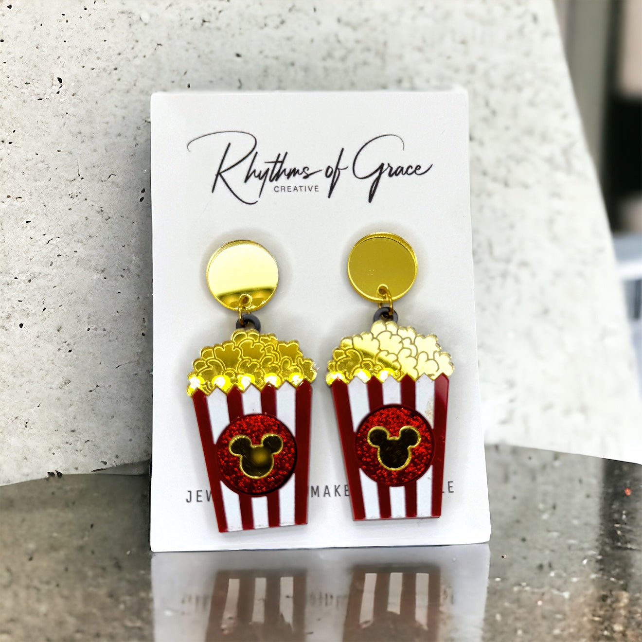 Popcorn Magic: Mouse Ears Dangle Earrings for Movie Lovers!