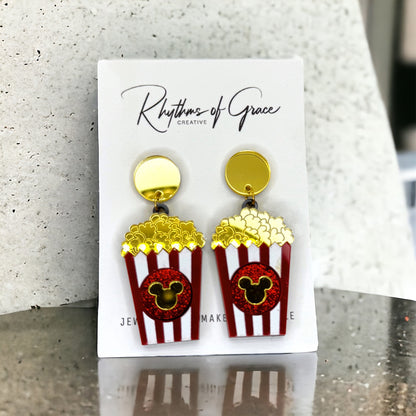 Popcorn Magic: Mouse Ears Dangle Earrings for Movie Lovers!