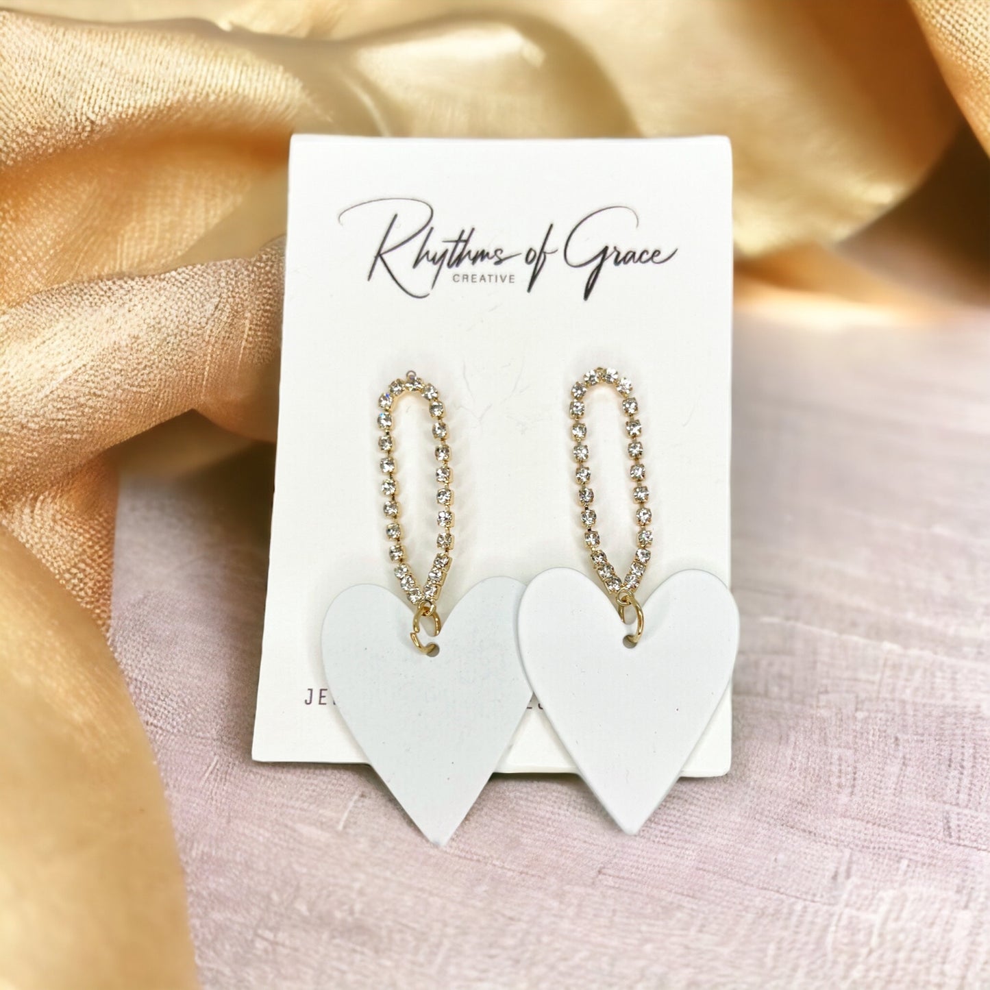 White Heart Earrings - Rhinestone Earrings, White Earrings, Handmade Earrings, Heart Accessories - Rhythms of Grace Creative