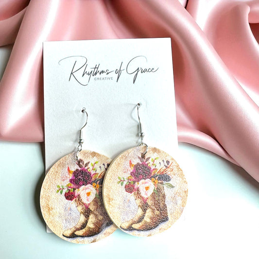 Boots & Blooms: Floral Cowgirl Boot Round Dangle Earrings