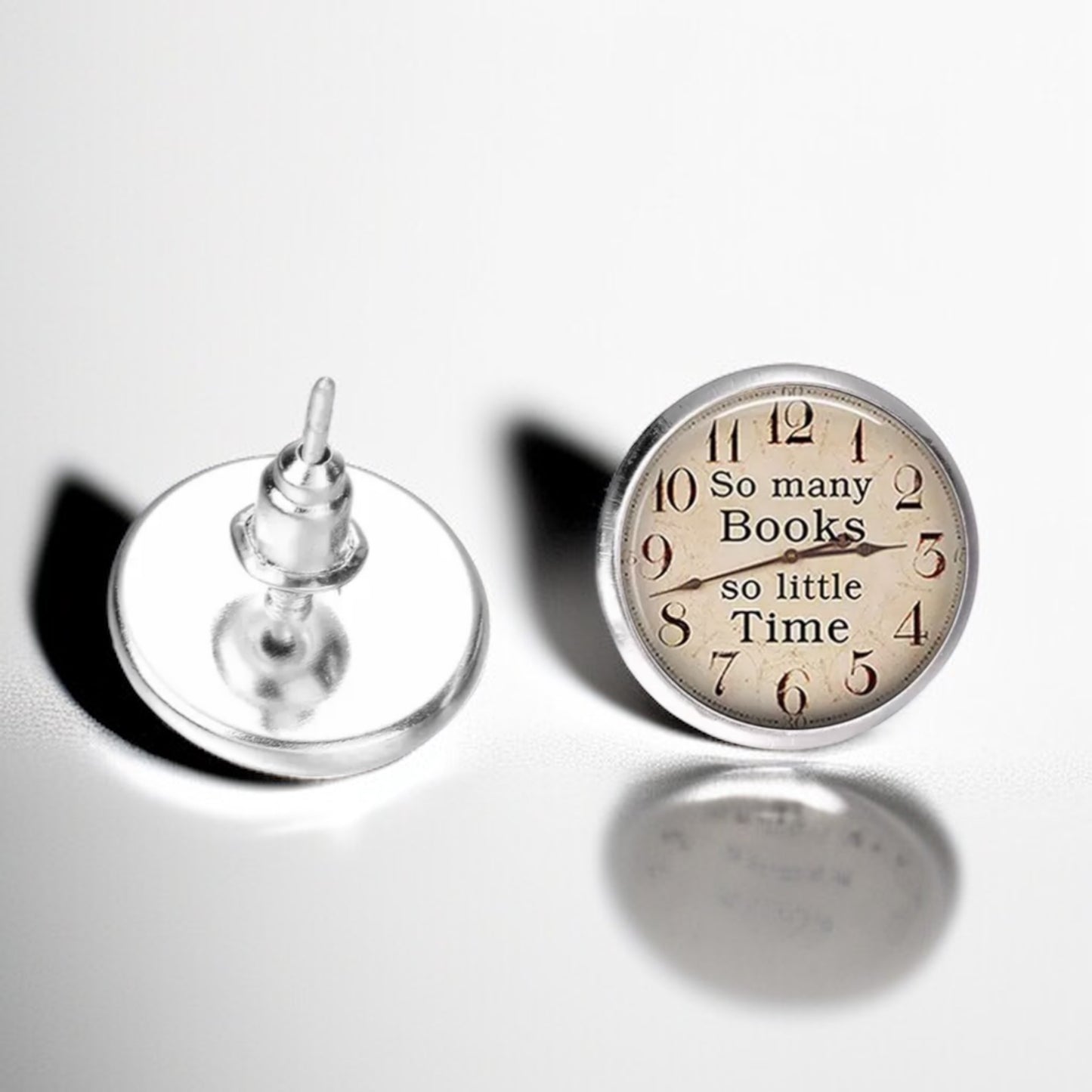 Ticking Away: ‘So Many Books, So Little Time’ Clock Stud Earrings!