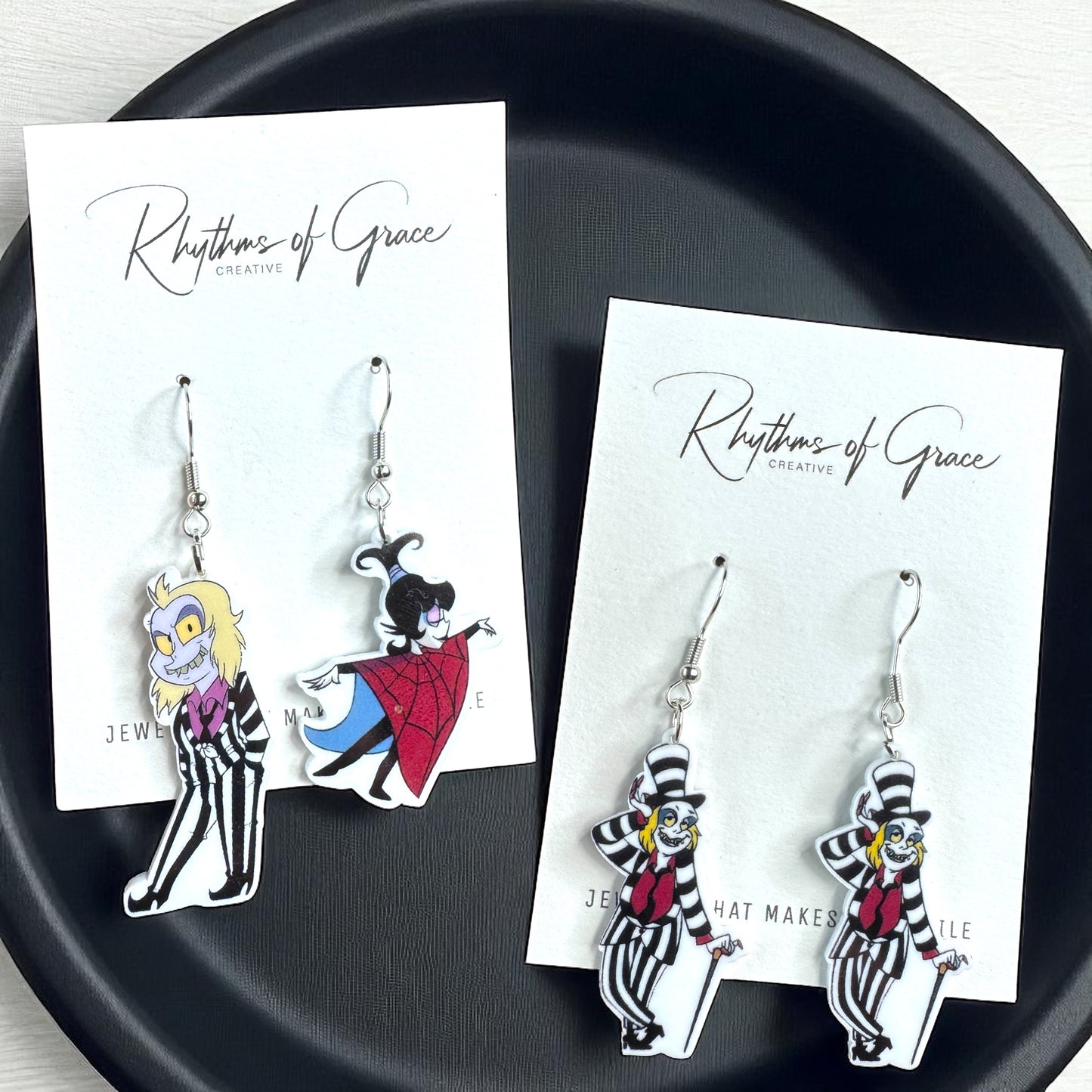 Beetlejuice, Beetlejuice, Beetlejuice: Spooky Chic Beetlejuice Dangle Earrings!