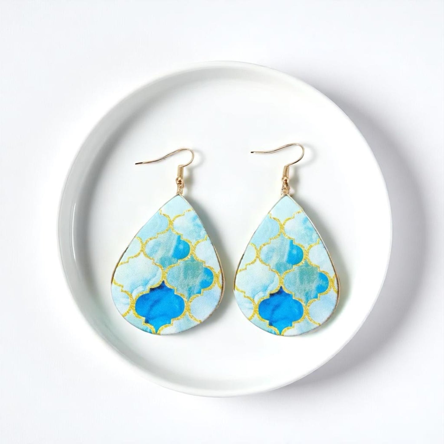Beach Bliss: Blue, Gold & White Teardrop Dangle Earrings for Stylish Days!