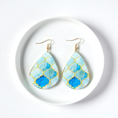 Beach Bliss: Blue, Gold & White Teardrop Dangle Earrings for Stylish Days!
