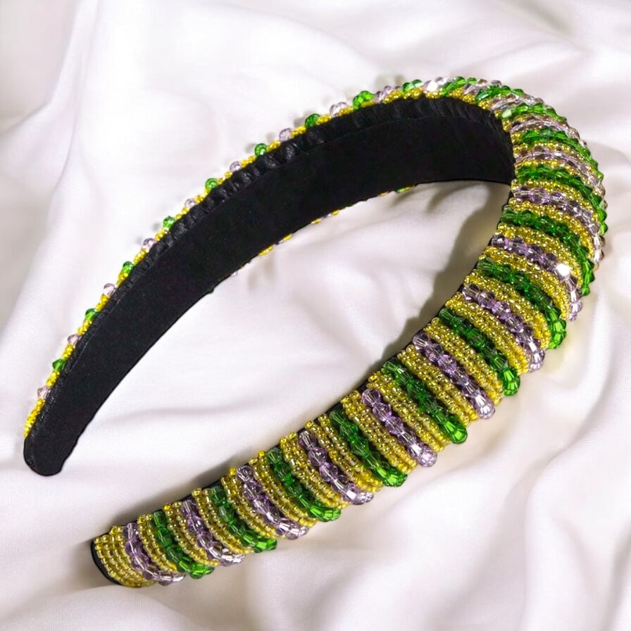 Beaded Mardi Gras Headband - Vibrant Purple, Green, & Gold 💜💚💛