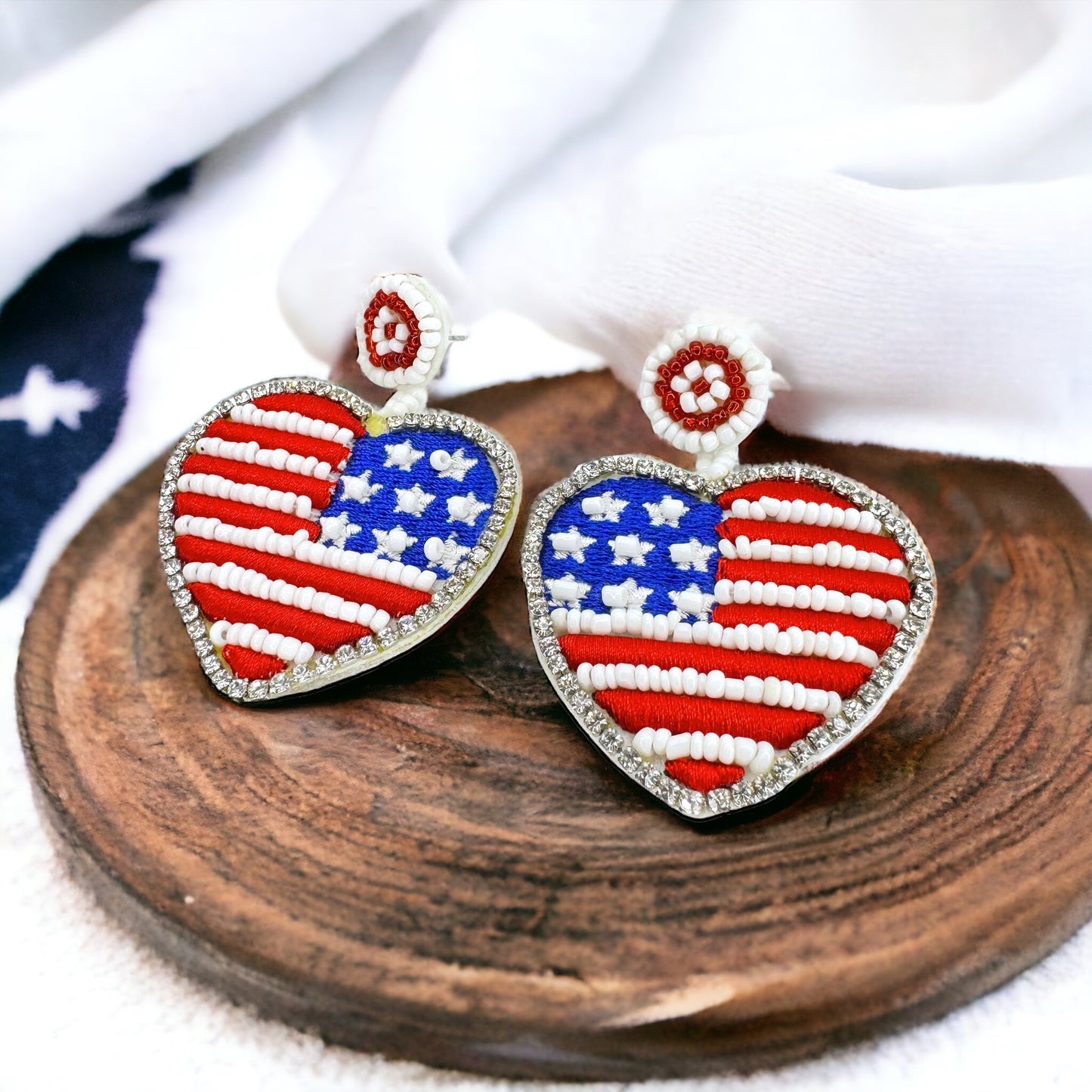 Patriotic Beaded Dangle Earrings - Fourth of July Stars and Stripes
