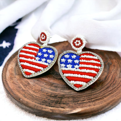 Patriotic Beaded Dangle Earrings - Fourth of July Stars and Stripes