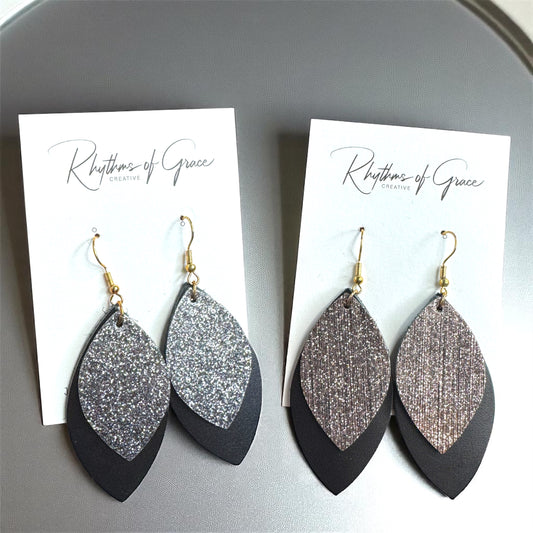 Spark Up Your Style: Chic Black Layered Leather Earrings - Gold or Silver Accent!