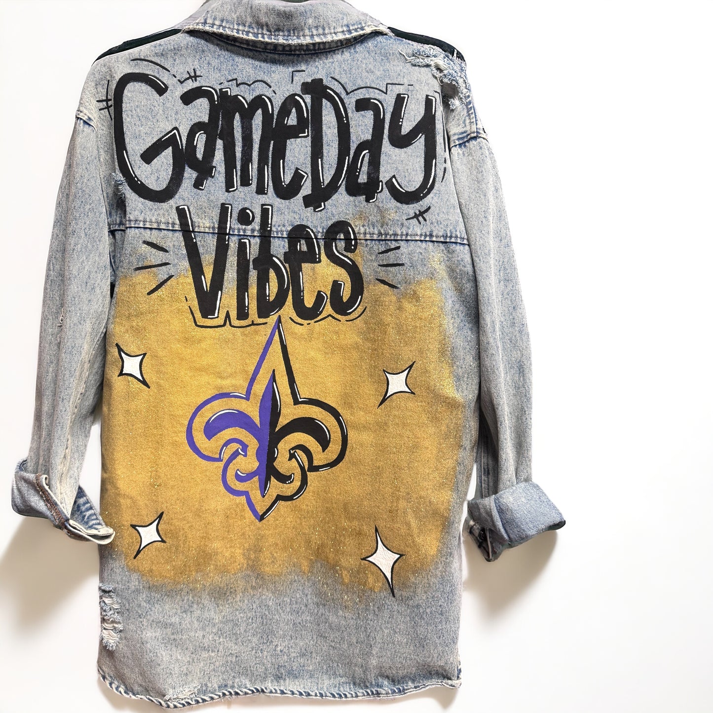 Hand-Painted Jean Jacket:  GAMEDAY! | Perfect for LSU & Saints Fans | Oversized Long Denim