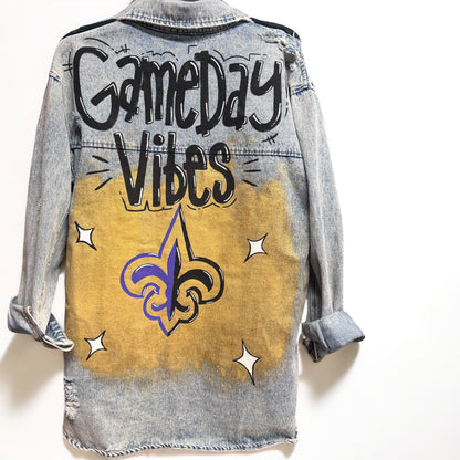 Hand-Painted Jean Jacket:  GAMEDAY! | Perfect for LSU & Saints Fans | Oversized Long Denim