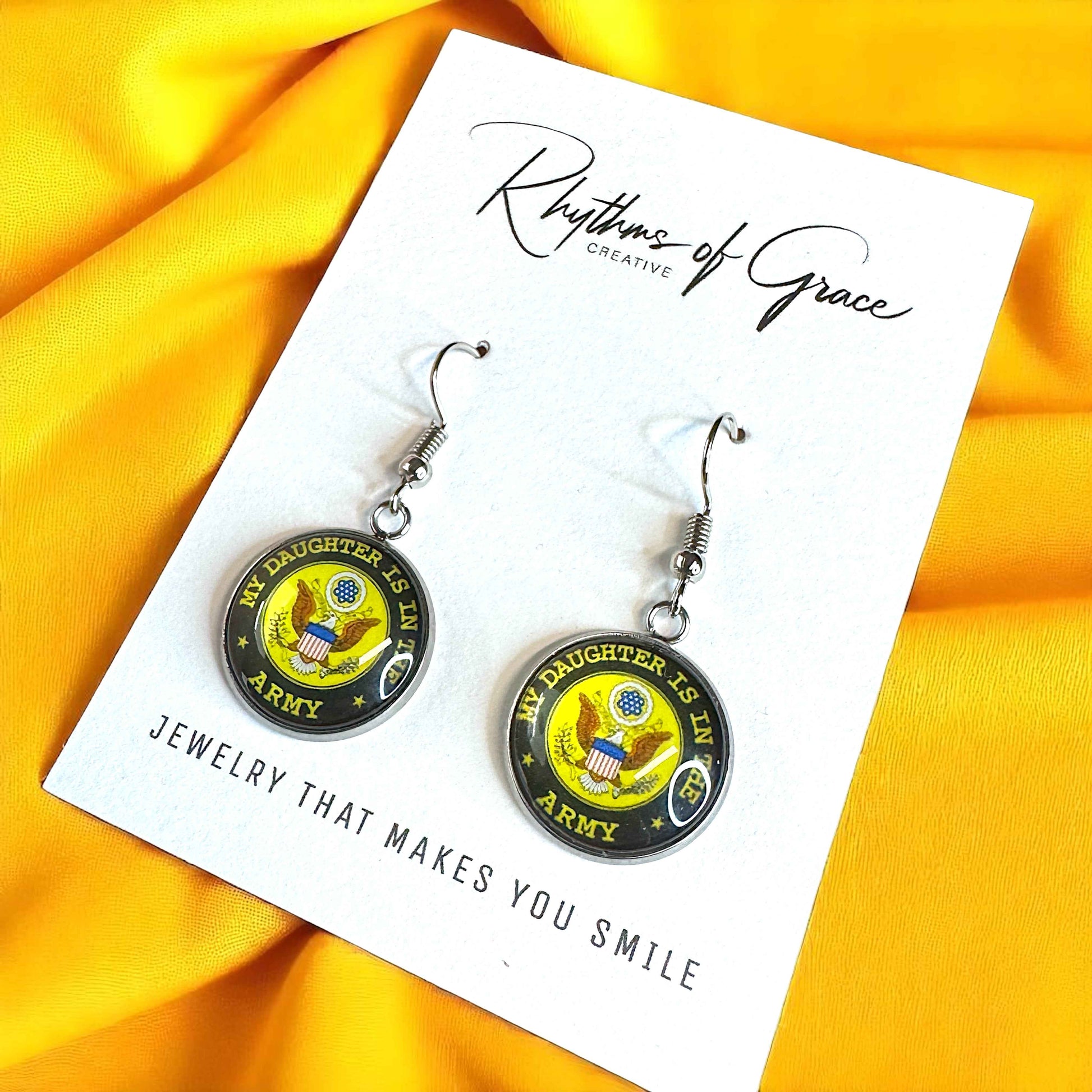 Military Mom Marvels: Army Cabochon Dangle Earrings!
