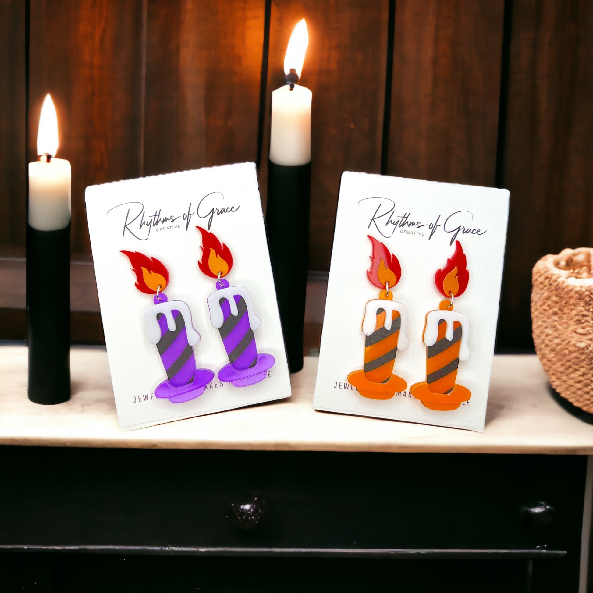 Halloween Candle Earrings - Handmade Acrylic Earrings with Stainless Steel Posts - Rhythms of Grace Creative