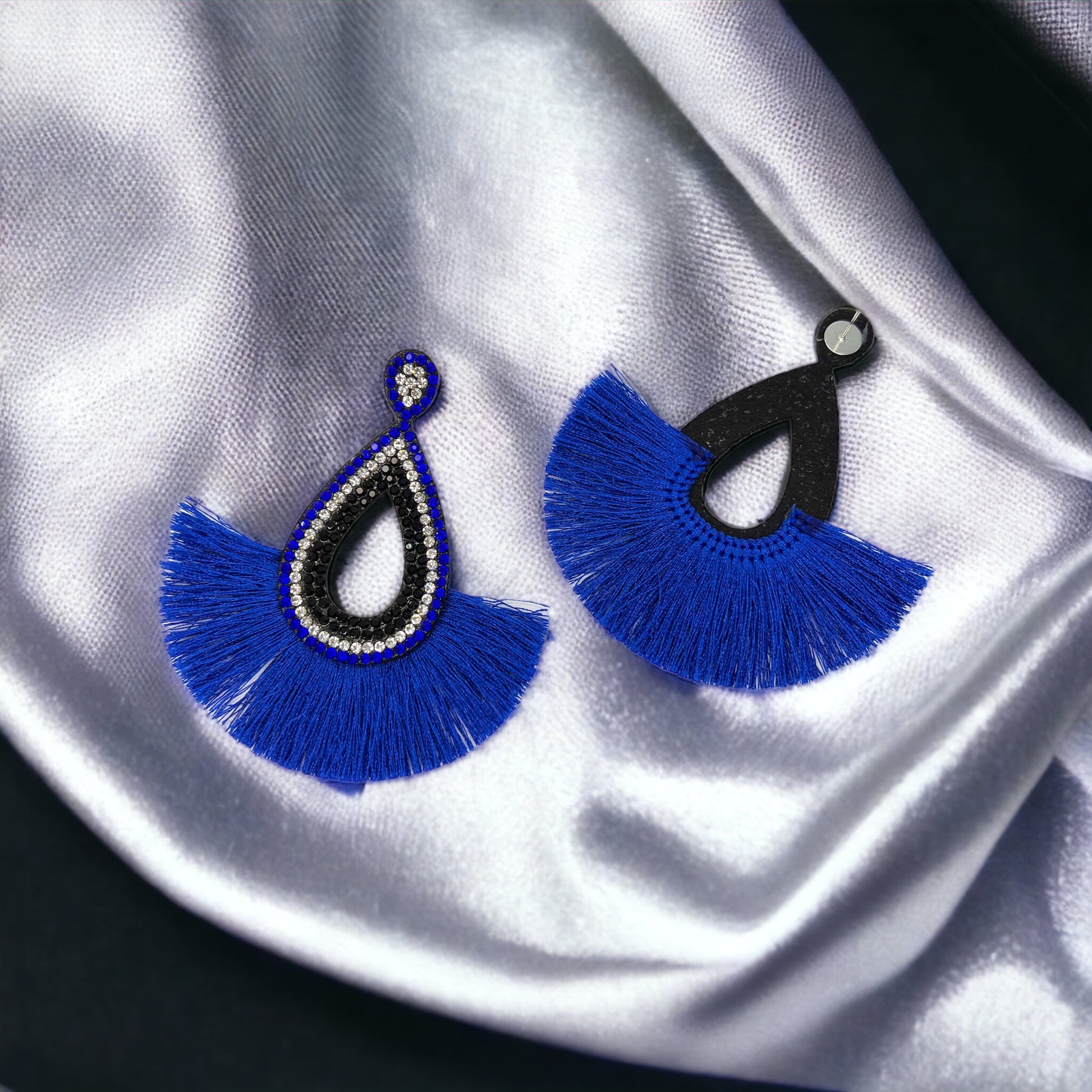 Blue and Black Earrings - Blue Accessories, Rhinestone Earrings, Blue and White Rhinestones, Fringe Earrings - Rhythms of Grace Creative