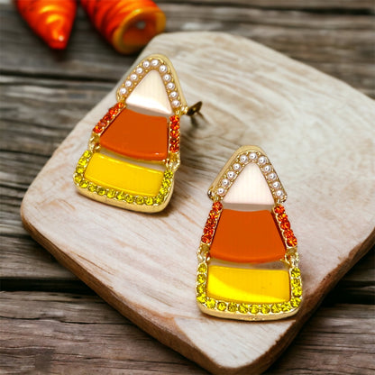 Candycorn Earrings - Halloween Earrings, Candy Earrings, Halloween Accessories, Halloween Earrings, Rhinestone Earrings, Halloween Accessories, Candy Corn - Rhythms of Grace Creative
