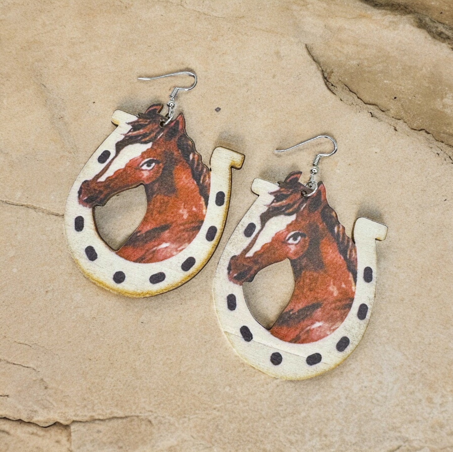 Rustic Chic: Wooden Horse & Horseshoe Dangle Earrings - Equestrian Elegance!