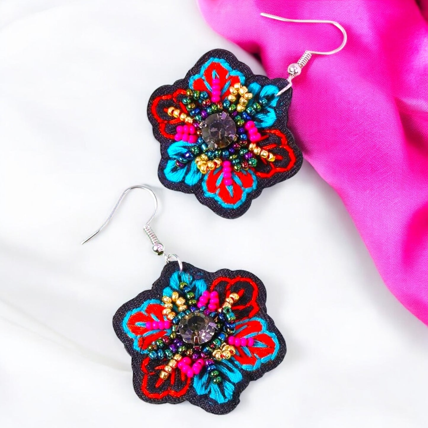 Boho Chic Embroidered Dangle Earrings – Add a Pop of Color!