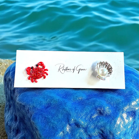 Crab & Sea Shell Stud Earrings – Ocean Chic Awaits!