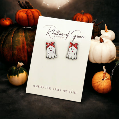 Ghost Stud Earrings - Halloween Jewelry, Halloween Studs, Halloween Accessories, Trick or Treat, Ghost Earrings, Cute Ghost - Rhythms of Grace Creative