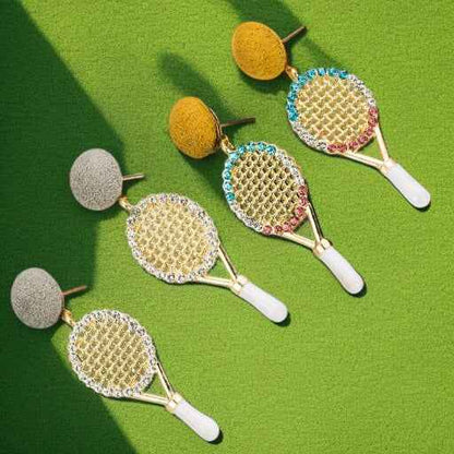 Sparkle on the Court with Our Rhinestone Tennis Racket Dangle Earrings! 🎾