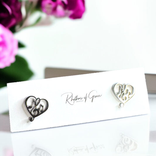I Heartbeat Harmony: Music Note Heart Stud Earrings ♫