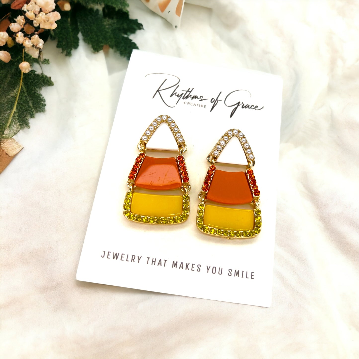 Candycorn Earrings - Halloween Earrings, Candy Earrings, Halloween Accessories, Halloween Earrings, Rhinestone Earrings, Halloween Accessories, Candy Corn - Rhythms of Grace Creative