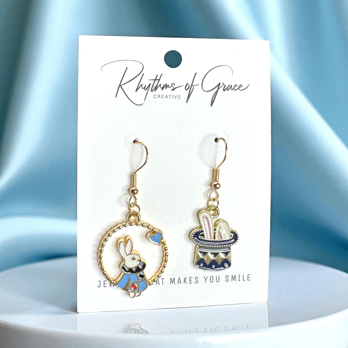 Magical Wonderland Earrings: White Rabbit & Clock Mismatch Dangles