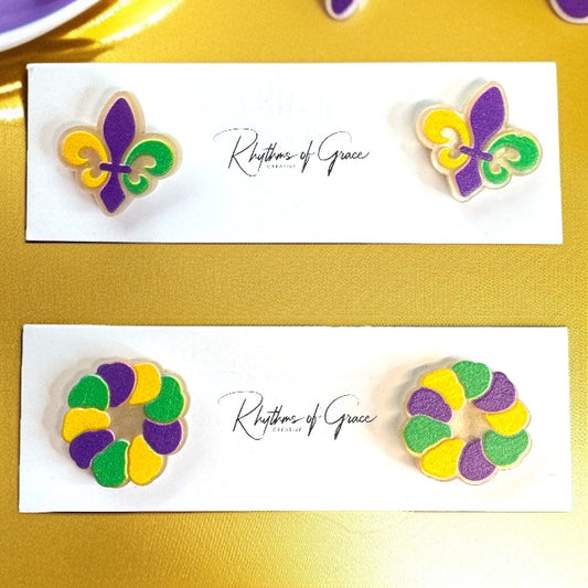 Celebrate in Style: Colorful Mardi Gras Stud Earrings - Fleur de Lis & Kingcake Designs!