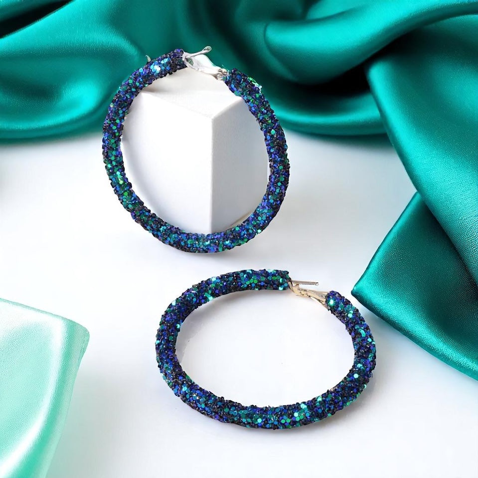 Shimmering Elegance: Blue and Green Glitter Hoops