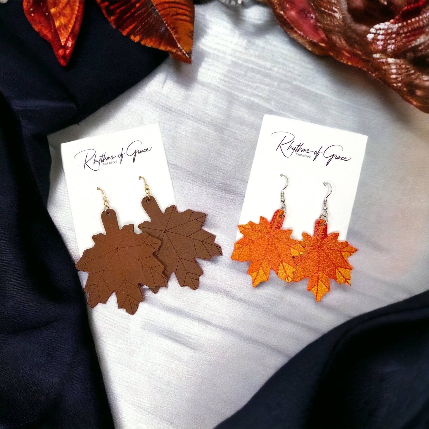 Autumn Maple Leaf Earrings - Fall, Handmade Jewelry, Gold Leaf, Halloween, Orange, Faux Pearls, Handmade Earrings, Leaf Accessories