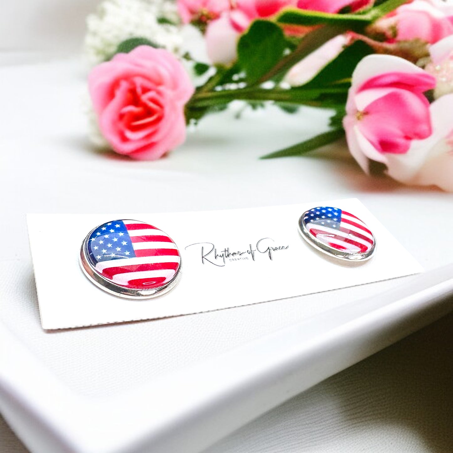 Patriotic Sparkle: American Flag Cabochon Studs!