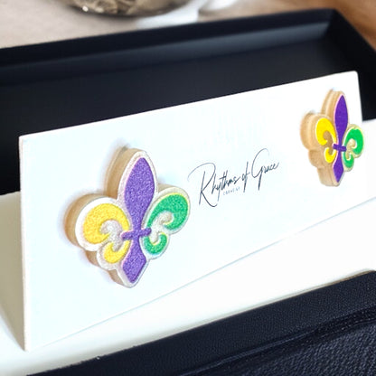 Celebrate in Style: Colorful Mardi Gras Stud Earrings - Fleur de Lis & Kingcake Designs!