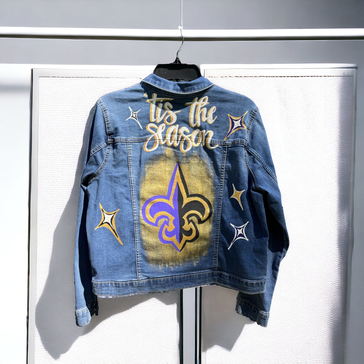 Hand-Painted Jean Jacket:  ‘Tis the Season! | Perfect for LSU & Saints Fans | Fashionable Fitted Cropped Denim