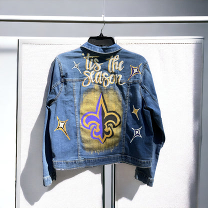 Hand-Painted Jean Jacket:  ‘Tis the Season! | Perfect for LSU & Saints Fans | Fashionable Fitted Cropped Denim