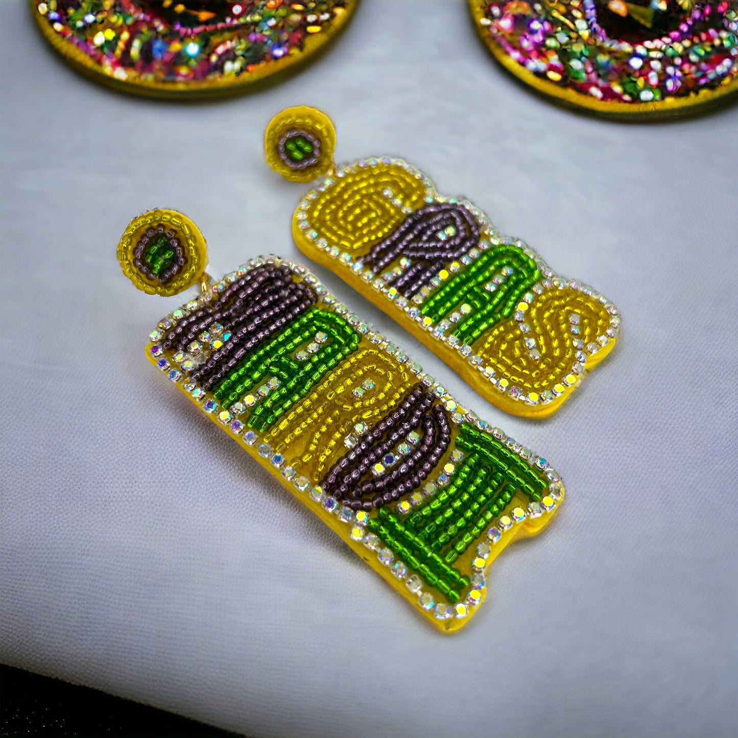 Jazz Up Your Look with Dazzling NWT Beaded Mardi Gras Earrings! 🎉💚💜💛 - Rhythms of Grace Creative