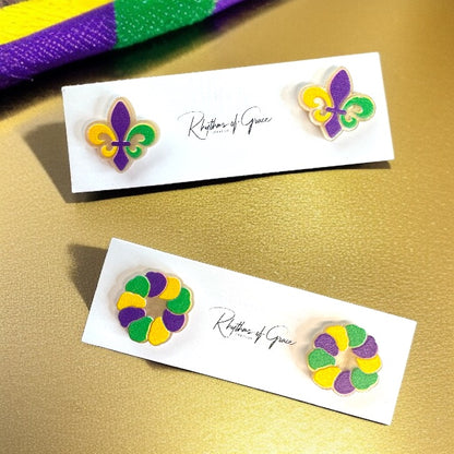 Celebrate in Style: Colorful Mardi Gras Stud Earrings - Fleur de Lis & Kingcake Designs!