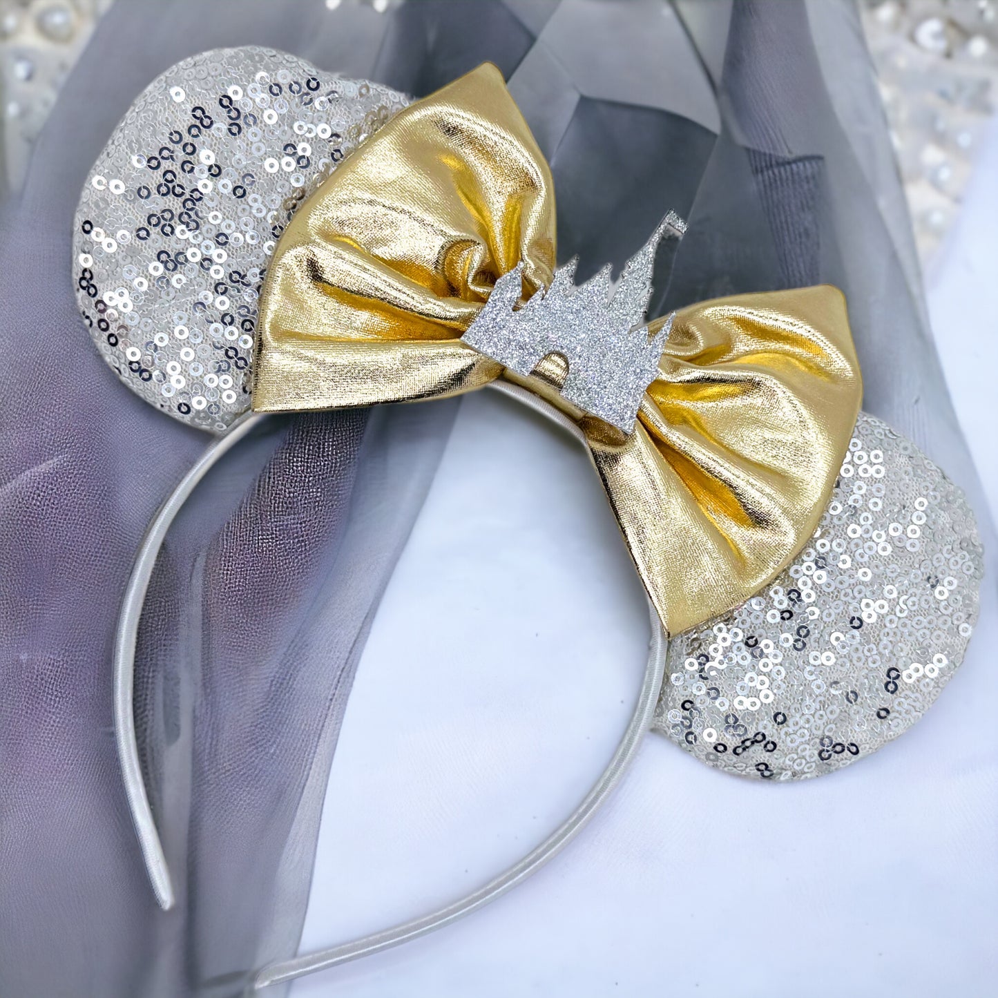 Princess Castle Mouse Ears, Gold Bow, Silver or Gold Castle - Brand New!