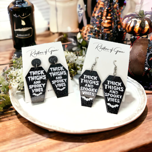 Coffin Earrings - Halloween Earrings, Thick Thighs, Spooky Vibes, Halloween Earrings, Halloween Costume, Trick or Treat - Rhythms of Grace Creative