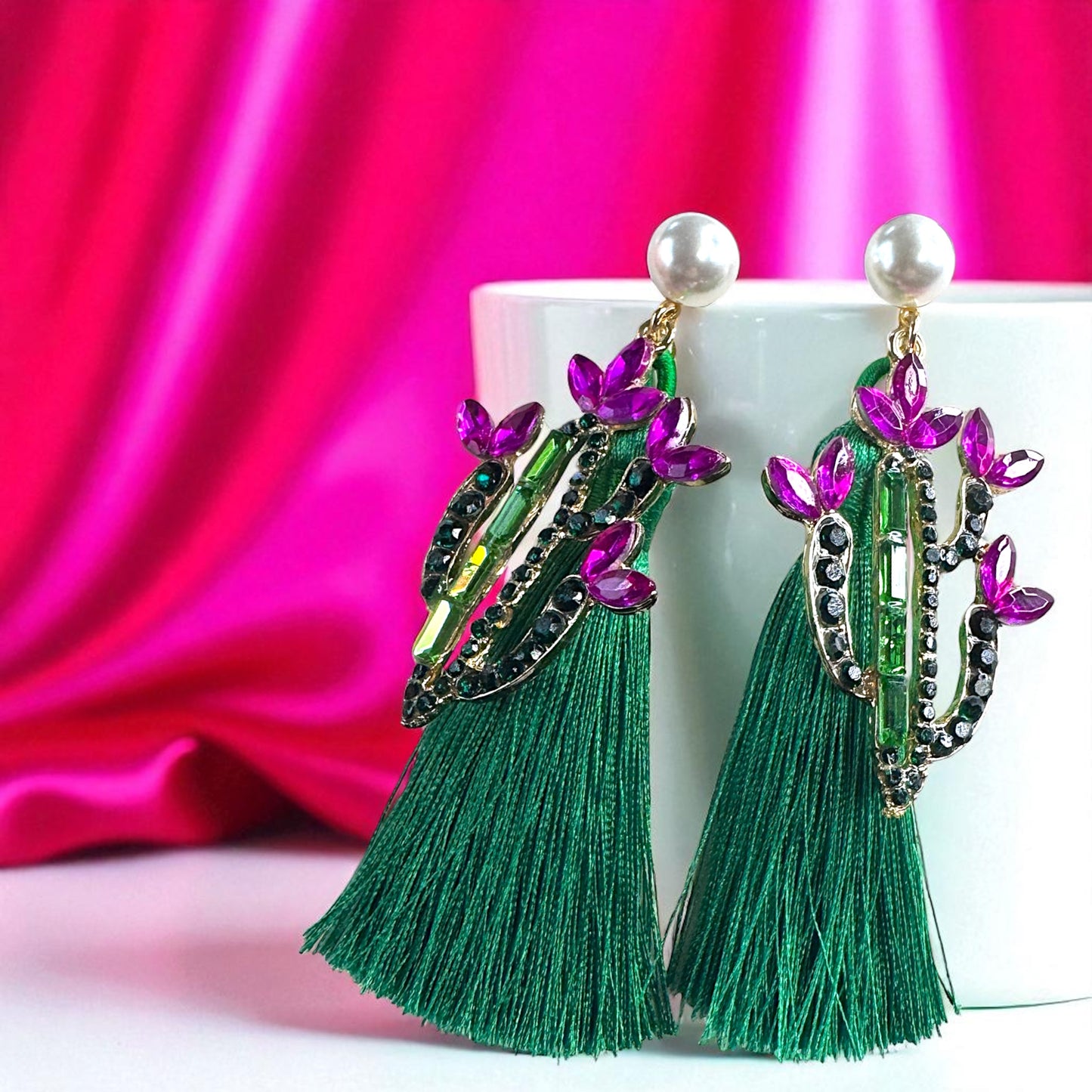 Sparkle in the Desert – Rhinestone Cactus Tassel Earrings 🌵